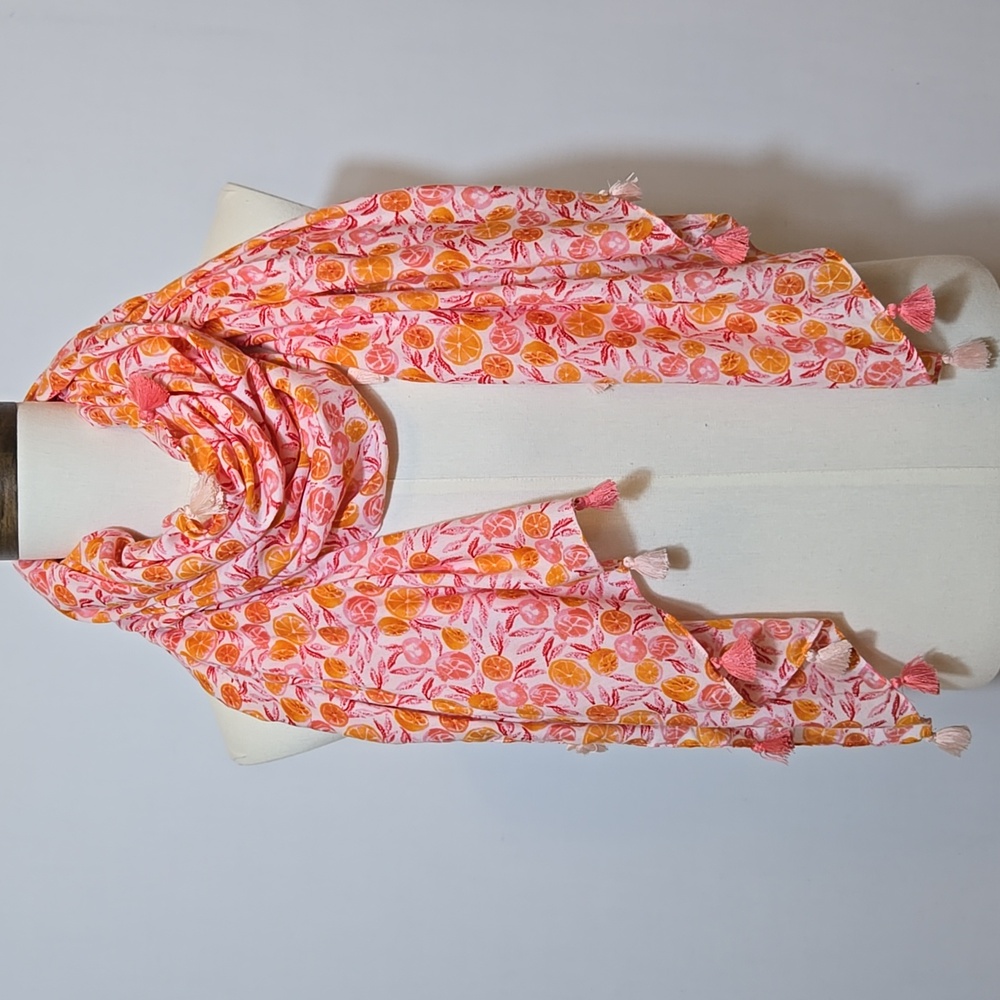 J. Crew Citrus Fruit Print Tassel Wrap Scarf Oranges Grapefruit Summer‎ Spring